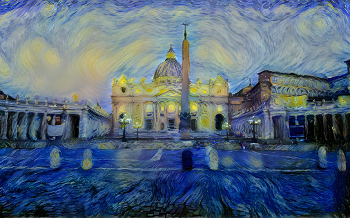 Deep Dream of St. Peter’s Basilica in Rome in the style of Vincent van Gogh’s “Starry Night.”